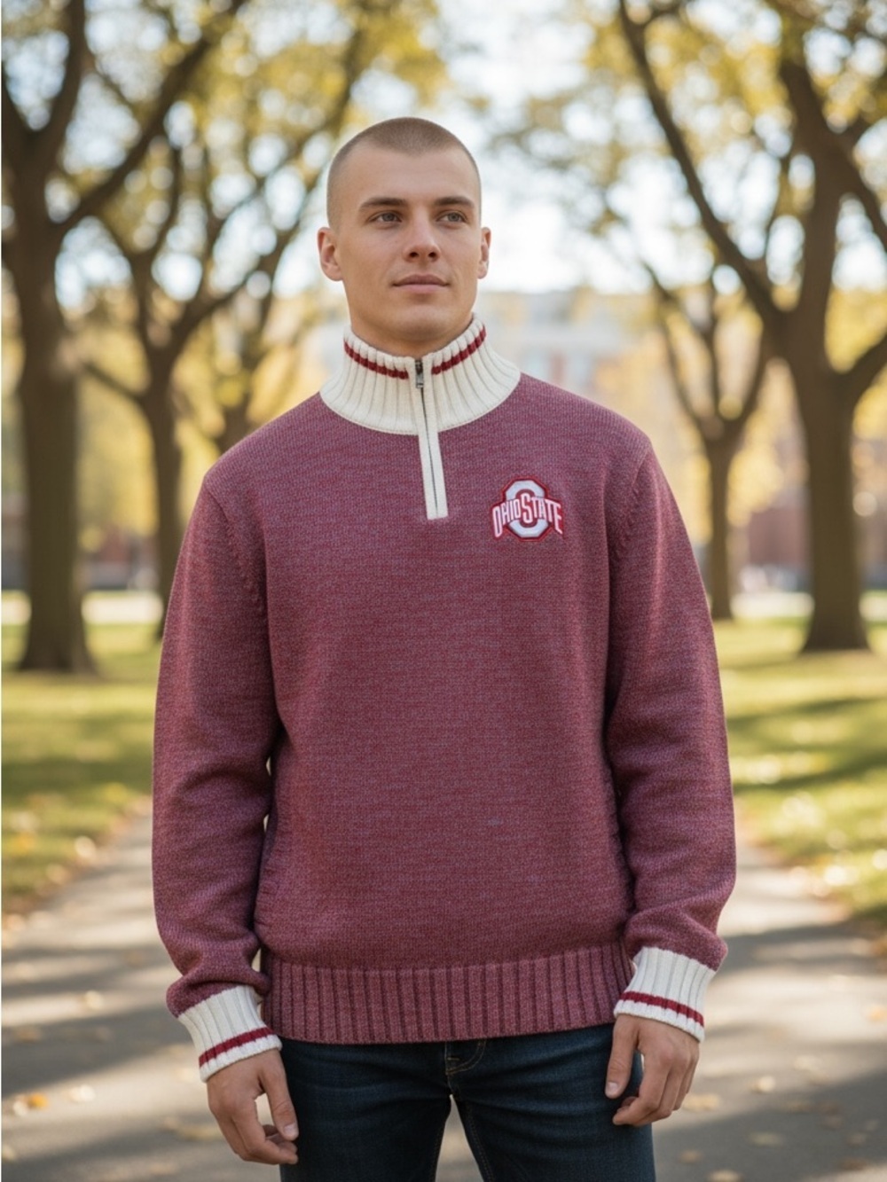 Bruzer Ohio State OSU Buckeyes Zip Up Neck Heathered Sweater